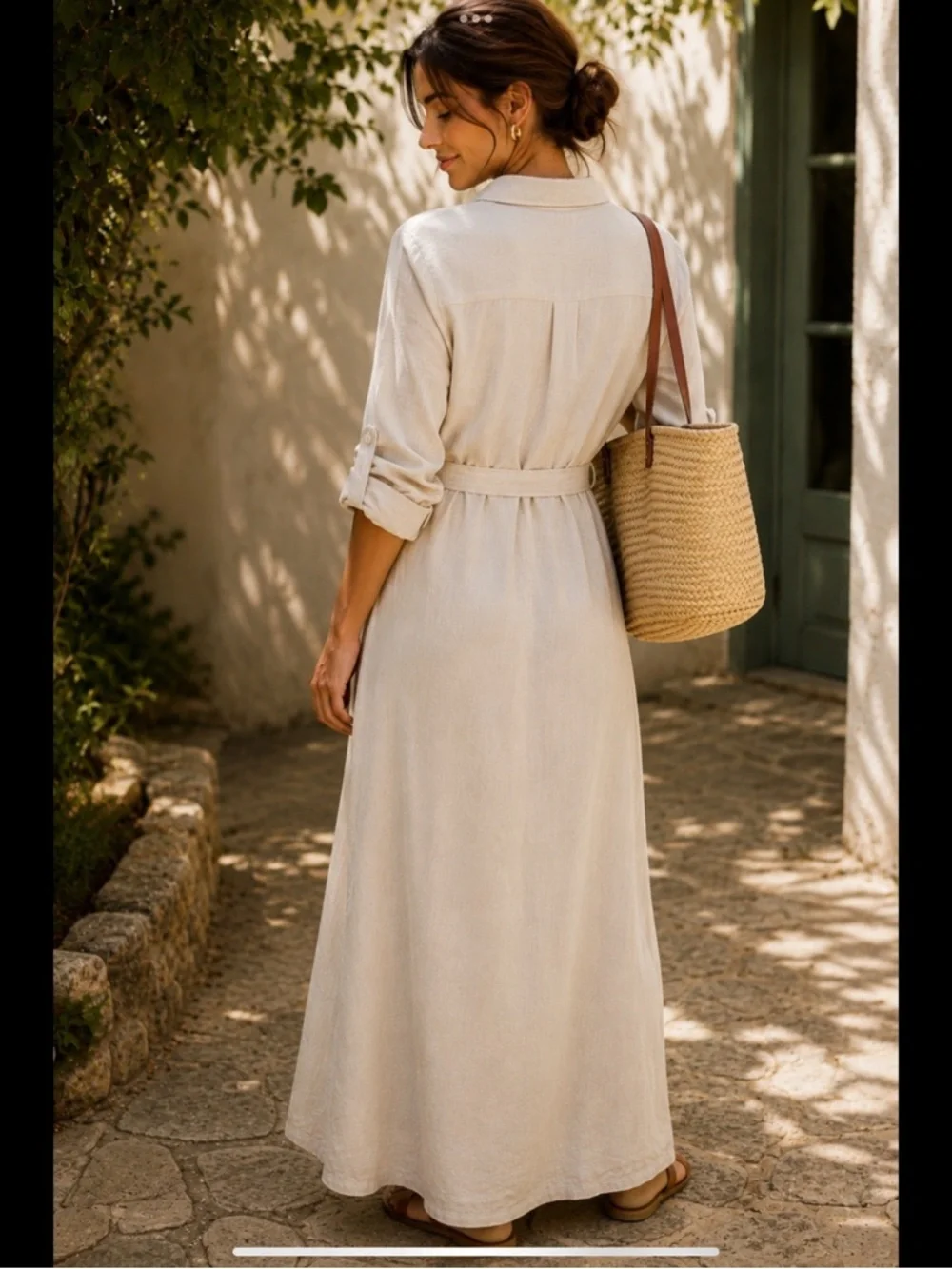 Natural Linen Coastal Maxi Shirtdress Belted Button Front Pockets S/P